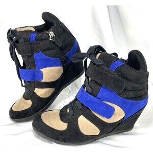 Simply Vera Wang Wedge Heel Sneaker Shoe Bootie Women 9.5M Blue Tan Black Zip Up